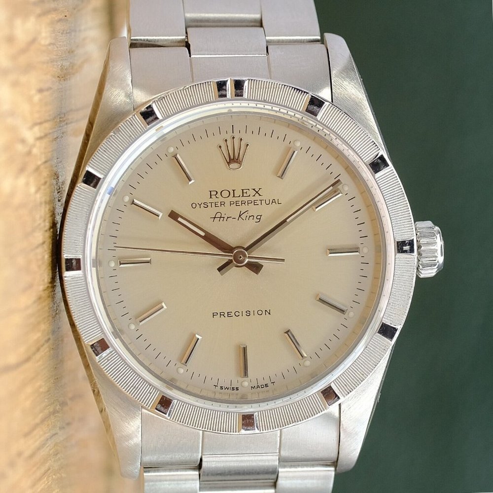 ROLEX AIRKING SILVER INDEX DIAL STAINLESS STEEL ENGINE TURNED OYSTER WATCH 14010